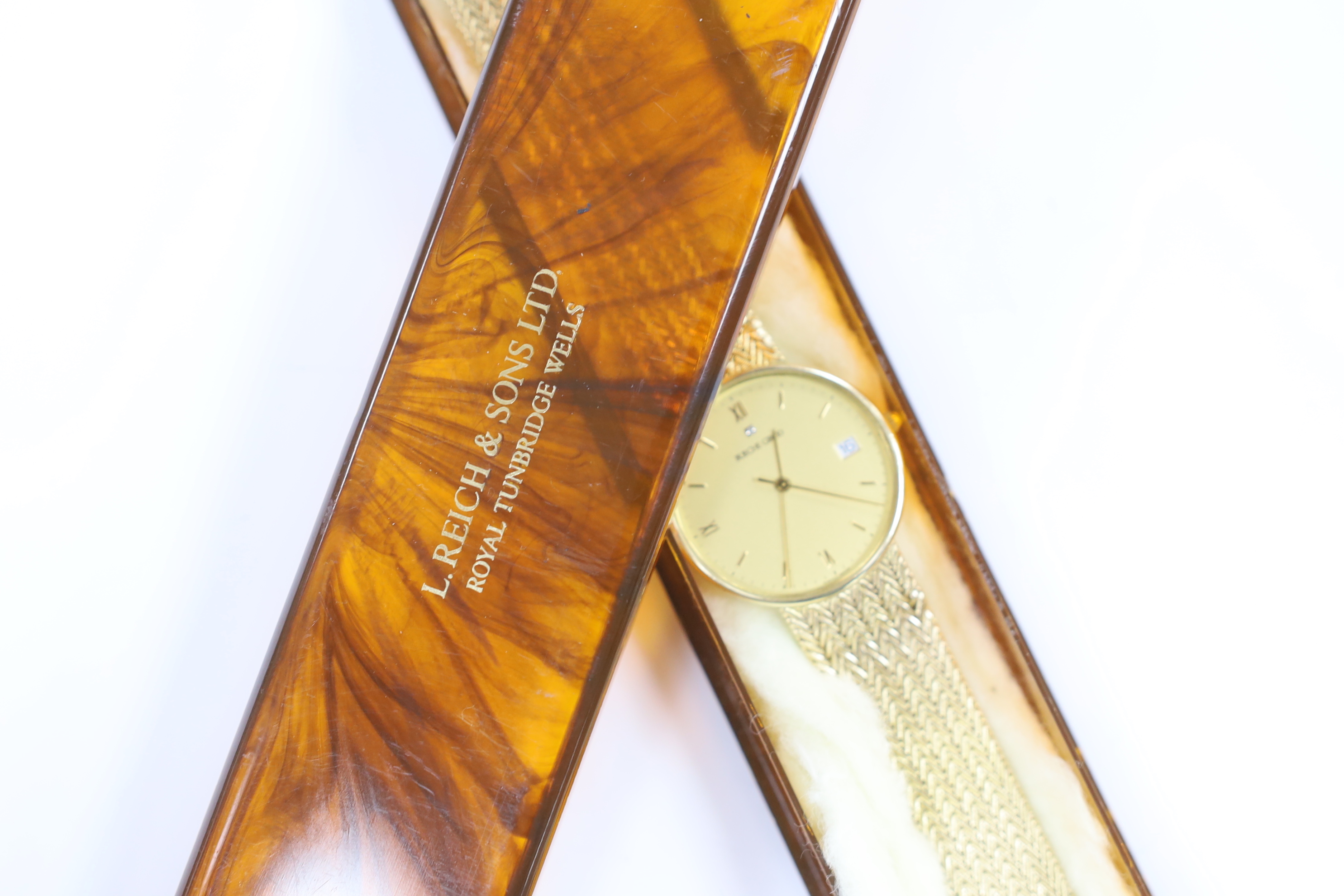 A gentleman's 9ct gold Bueche Girod quartz dress wrist watch, on integral 9ct gold chevron link bracelet, overall length 20.3cm, gross weight 51.8 grams.
